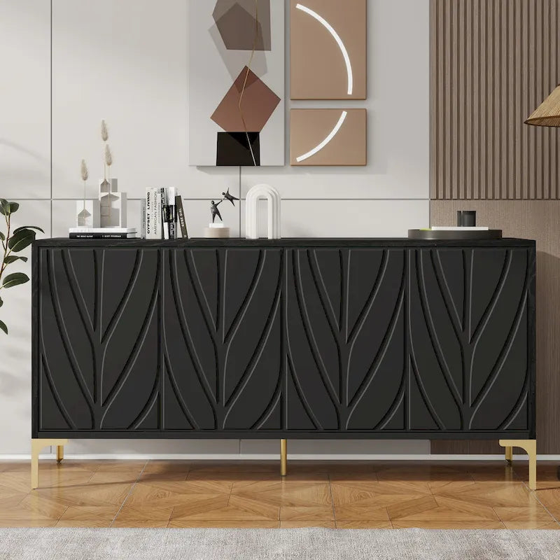 Nero / Bianco, Stile Intagliato, Credenza a 4 Ante con Apertura a Pressione, Singola