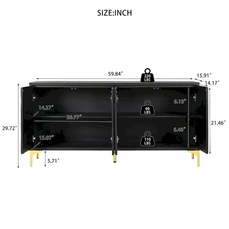 Nero / Bianco, Stile Intagliato, Credenza a 4 Ante con Apertura a Pressione, Singola