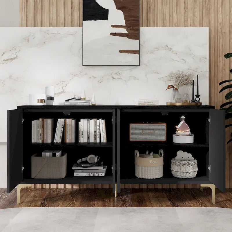 Nero / Bianco, Stile Intagliato, Credenza a 4 Ante con Apertura a Pressione, Singola