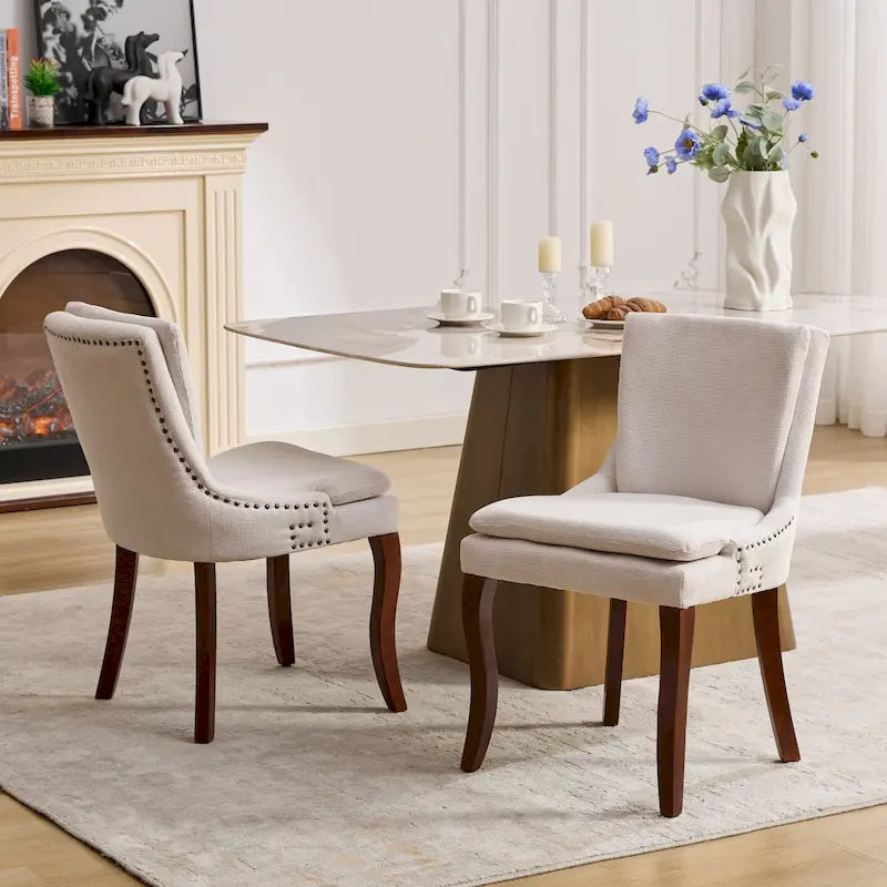 Set di 2 sedie da pranzo beige/grigio/blu, sedia laterale imbottita con schienale medio, borchie e gambe in legno