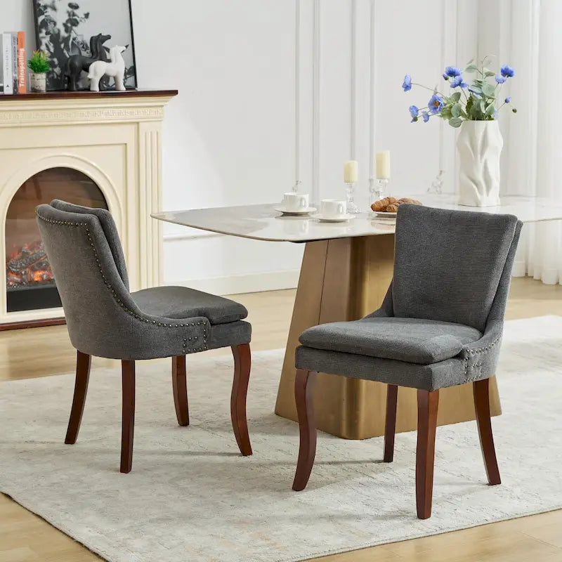 Set di 2 sedie da pranzo beige/grigio/blu, sedia laterale imbottita con schienale medio, borchie e gambe in legno