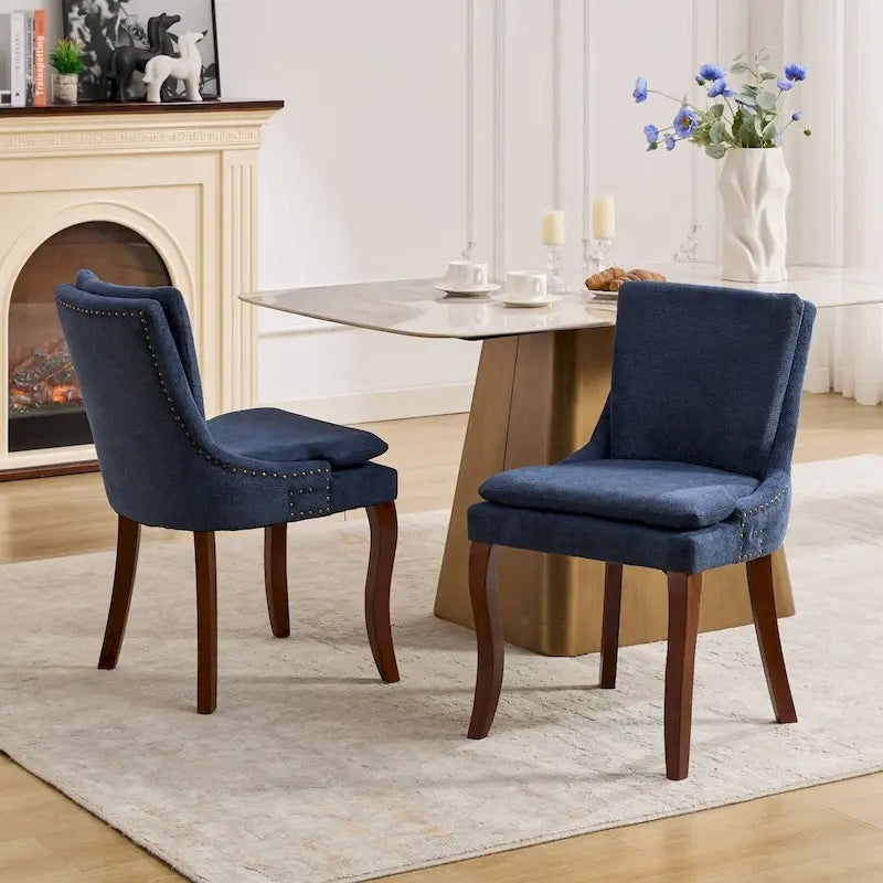 Set di 2 sedie da pranzo beige/grigio/blu, sedia laterale imbottita con schienale medio, borchie e gambe in legno