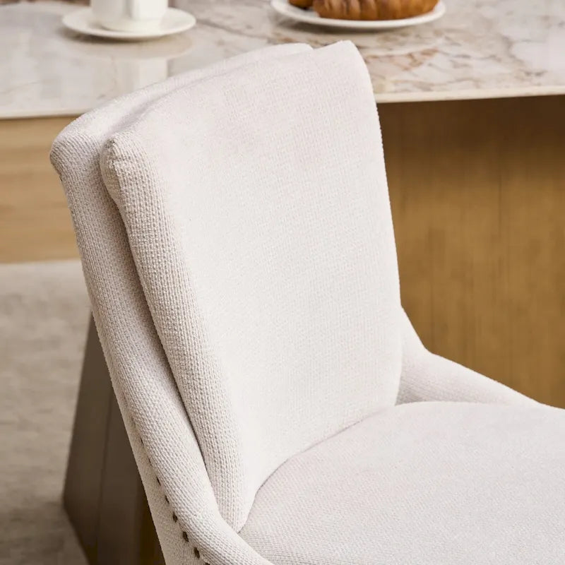 Set di 2 sedie da pranzo beige/grigio/blu, sedia laterale imbottita con schienale medio, borchie e gambe in legno