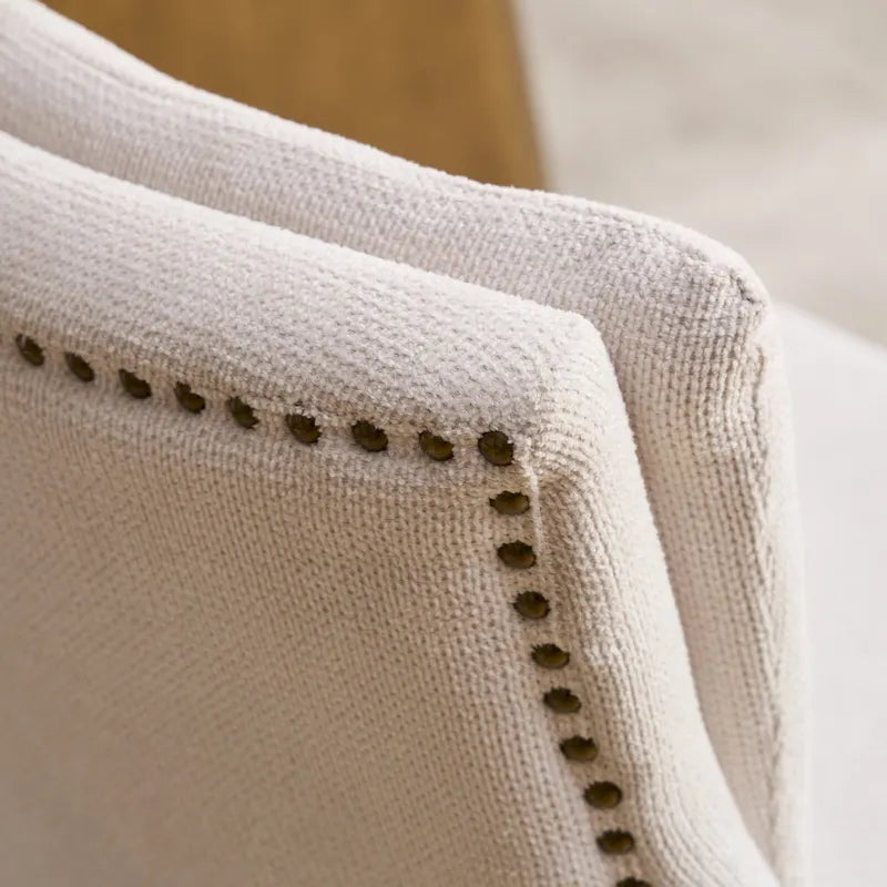 Set di 2 sedie da pranzo beige/grigio/blu, sedia laterale imbottita con schienale medio, borchie e gambe in legno