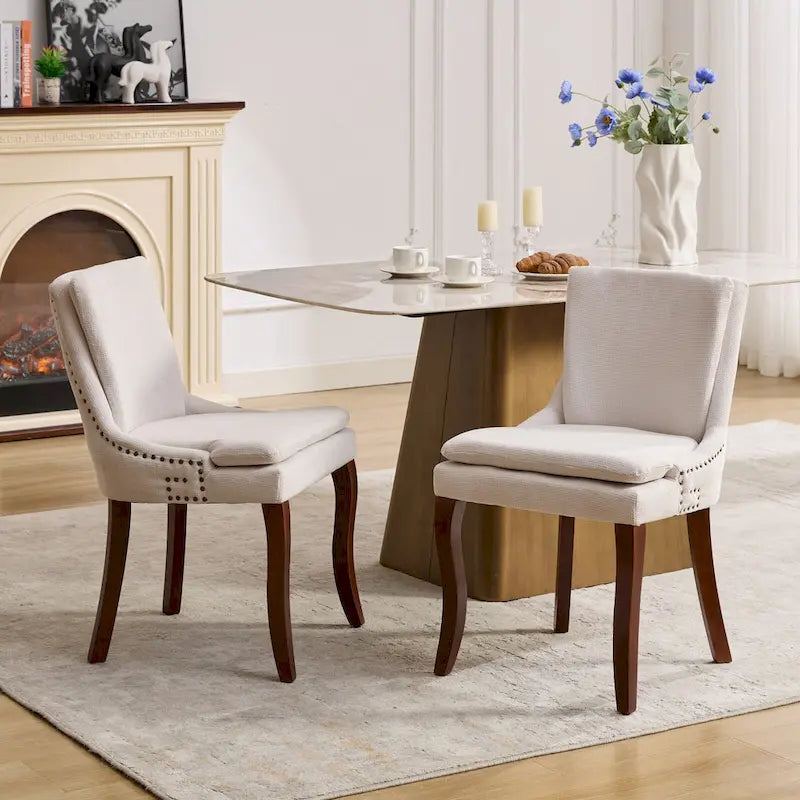 Set di 2 sedie da pranzo beige/grigio/blu, sedia laterale imbottita con schienale medio, borchie e gambe in legno