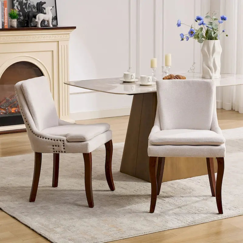 Set di 2 sedie da pranzo beige/grigio/blu, sedia laterale imbottita con schienale medio, borchie e gambe in legno