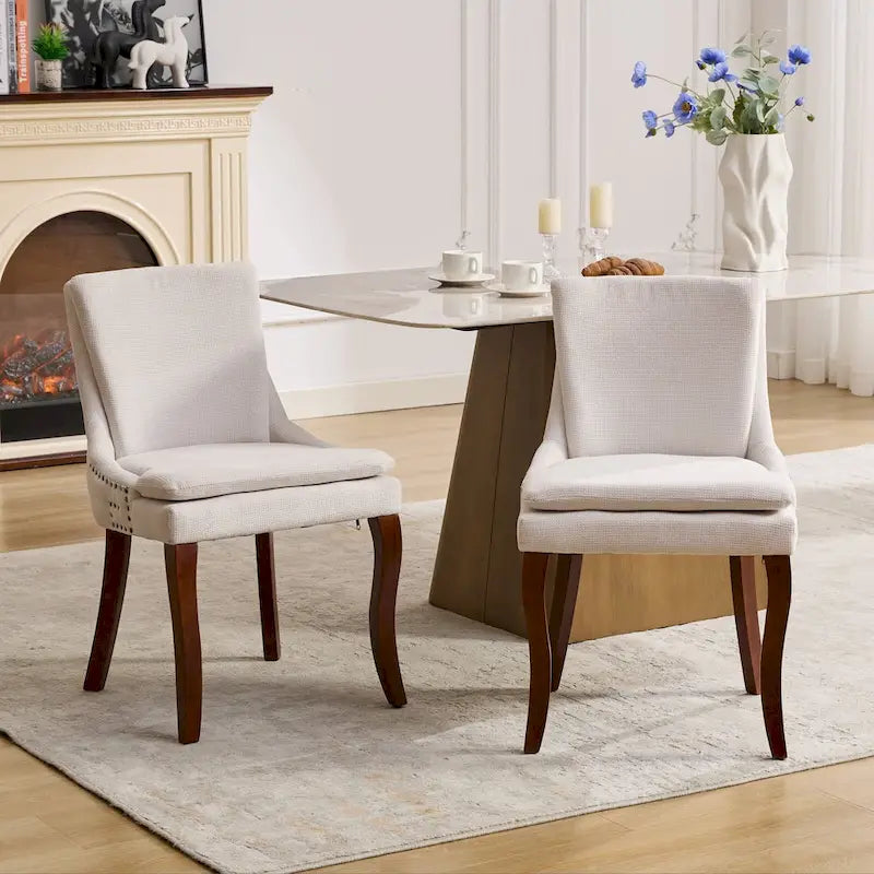 Set di 2 sedie da pranzo beige/grigio/blu, sedia laterale imbottita con schienale medio, borchie e gambe in legno