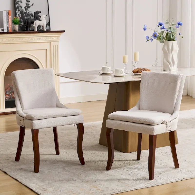 Set di 2 sedie da pranzo beige/grigio/blu, sedia laterale imbottita con schienale medio, borchie e gambe in legno