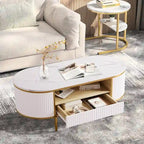 Tavolino da Caffè Ovale Bianco con Cassetti – Stile Moderno Scanalato, Posti a Sedere 2-4