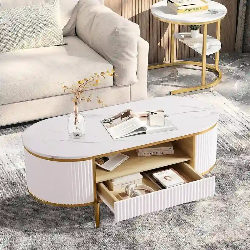 Tavolino da Caffè Ovale Bianco con Cassetti – Stile Moderno Scanalato, Posti a Sedere 2-4