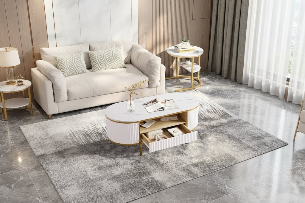 Modern Oval Coffee Table with Drawers for Living Room - N/A
