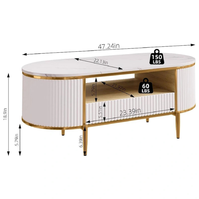 Tavolino da Caffè Ovale Bianco con Cassetti – Stile Moderno Scanalato, Posti a Sedere 2-4