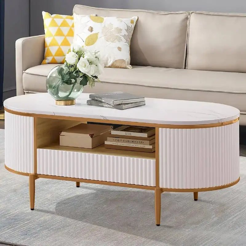 Tavolino da Caffè Ovale Bianco con Cassetti – Stile Moderno Scanalato, Posti a Sedere 2-4
