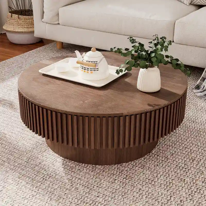 Moderner runder Kaffee- und Teetisch aus massivholzfurniertem Holz mit Stauraum