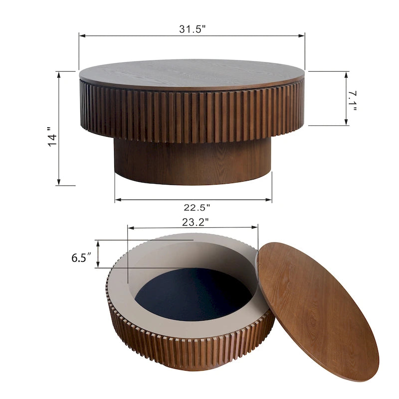 Moderner runder Kaffee- und Teetisch aus massivholzfurniertem Holz mit Stauraum