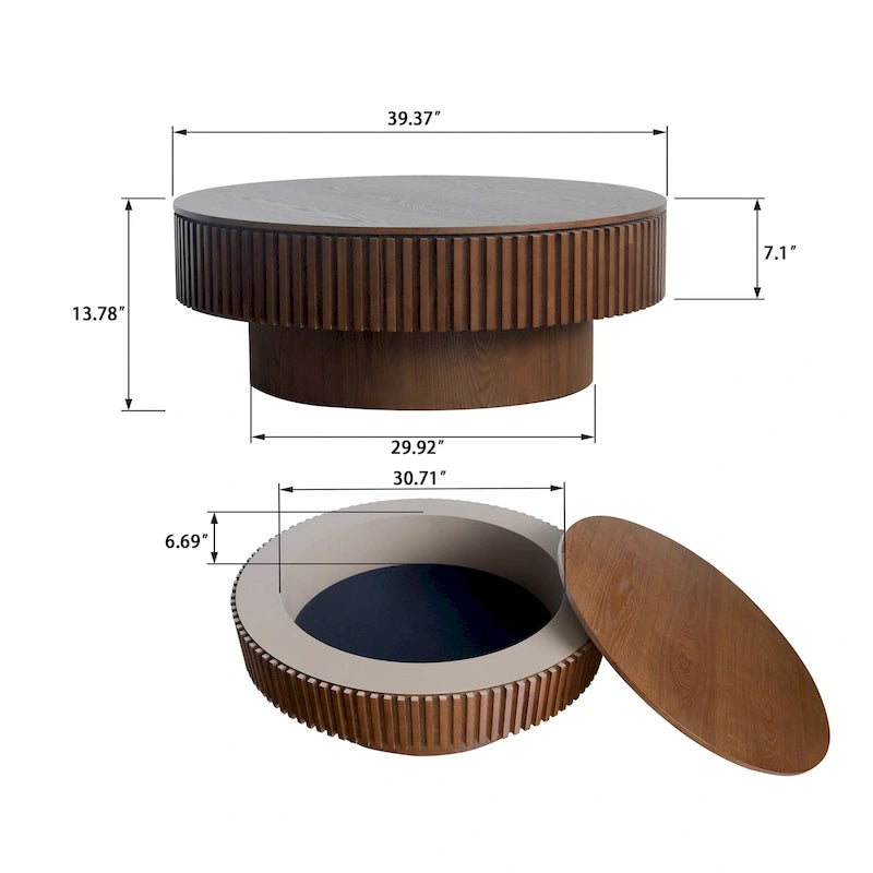 Moderner runder Kaffee- und Teetisch aus massivholzfurniertem Holz mit Stauraum