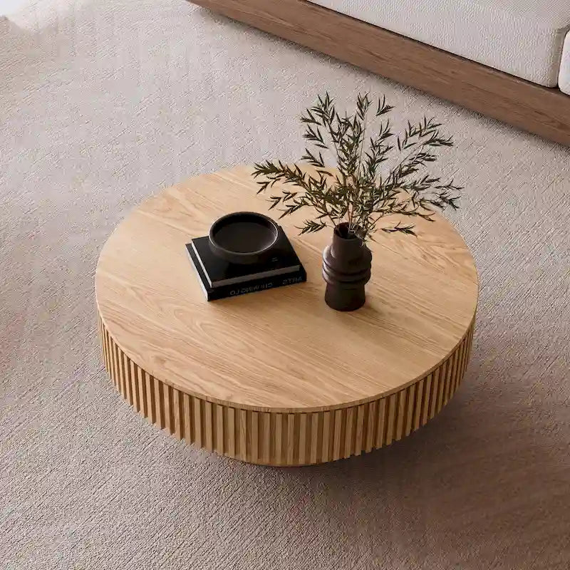 Moderner runder Kaffee- und Teetisch aus massivholzfurniertem Holz mit Stauraum