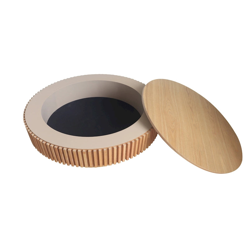 Moderner runder Kaffee- und Teetisch aus massivholzfurniertem Holz mit Stauraum