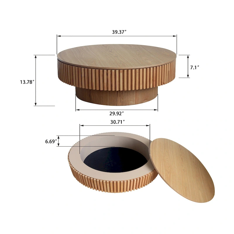 Moderner runder Kaffee- und Teetisch aus massivholzfurniertem Holz mit Stauraum