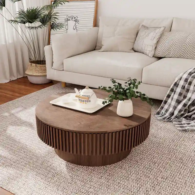 Moderner runder Kaffee- und Teetisch aus massivholzfurniertem Holz mit Stauraum