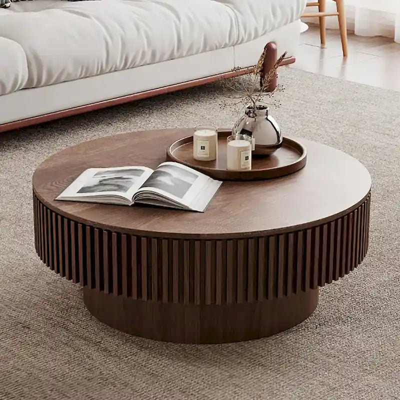 Moderner runder Kaffee- und Teetisch aus massivholzfurniertem Holz mit Stauraum