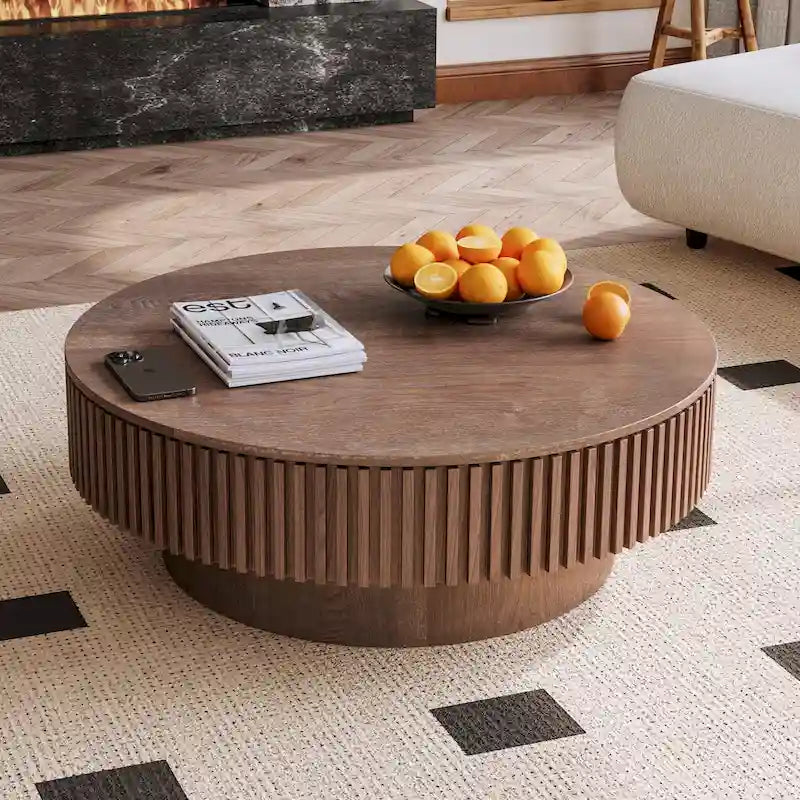 Moderner runder Kaffee- und Teetisch aus massivholzfurniertem Holz mit Stauraum