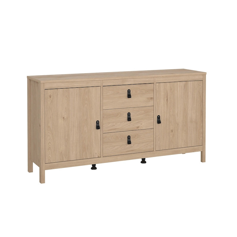 Nero opaco / Bianco / Hickory, Credenza a 2 ante e 3 cassetti, Montaggio per 2 persone