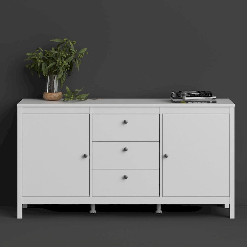 Nero opaco / Bianco / Hickory, Credenza a 2 ante e 3 cassetti, Montaggio per 2 persone