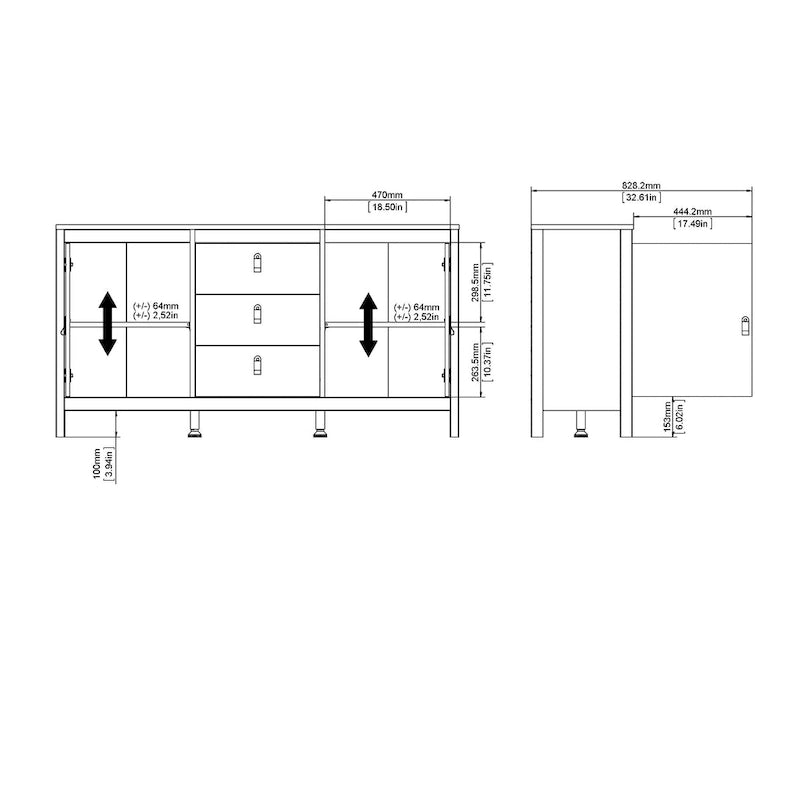 Nero opaco / Bianco / Hickory, Credenza a 2 ante e 3 cassetti, Montaggio per 2 persone