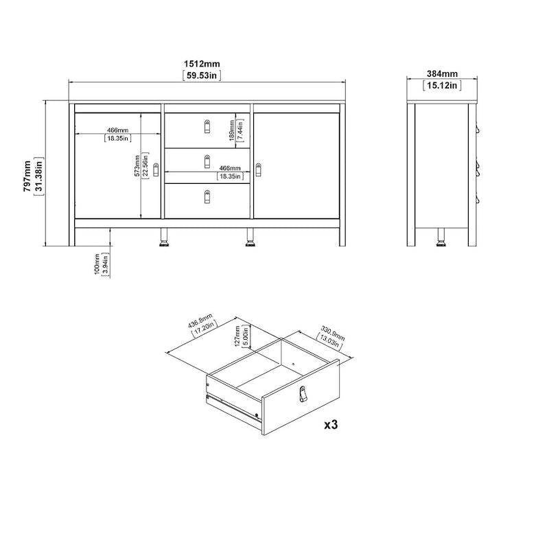 Nero opaco / Bianco / Hickory, Credenza a 2 ante e 3 cassetti, Montaggio per 2 persone