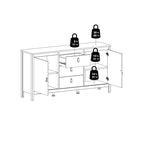 Nero opaco / Bianco / Hickory, Credenza a 2 ante e 3 cassetti, Montaggio per 2 persone