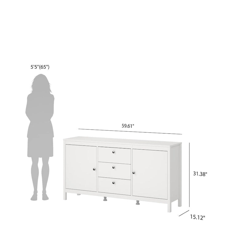 Nero opaco / Bianco / Hickory, Credenza a 2 ante e 3 cassetti, Montaggio per 2 persone