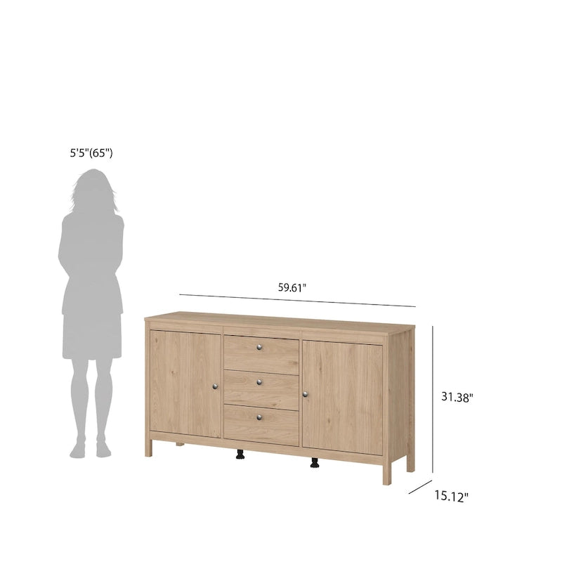 Nero opaco / Bianco / Hickory, Credenza a 2 ante e 3 cassetti, Montaggio per 2 persone