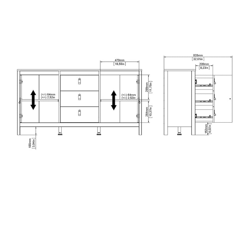 Nero opaco / Bianco / Hickory, Credenza a 2 ante e 3 cassetti, Montaggio per 2 persone