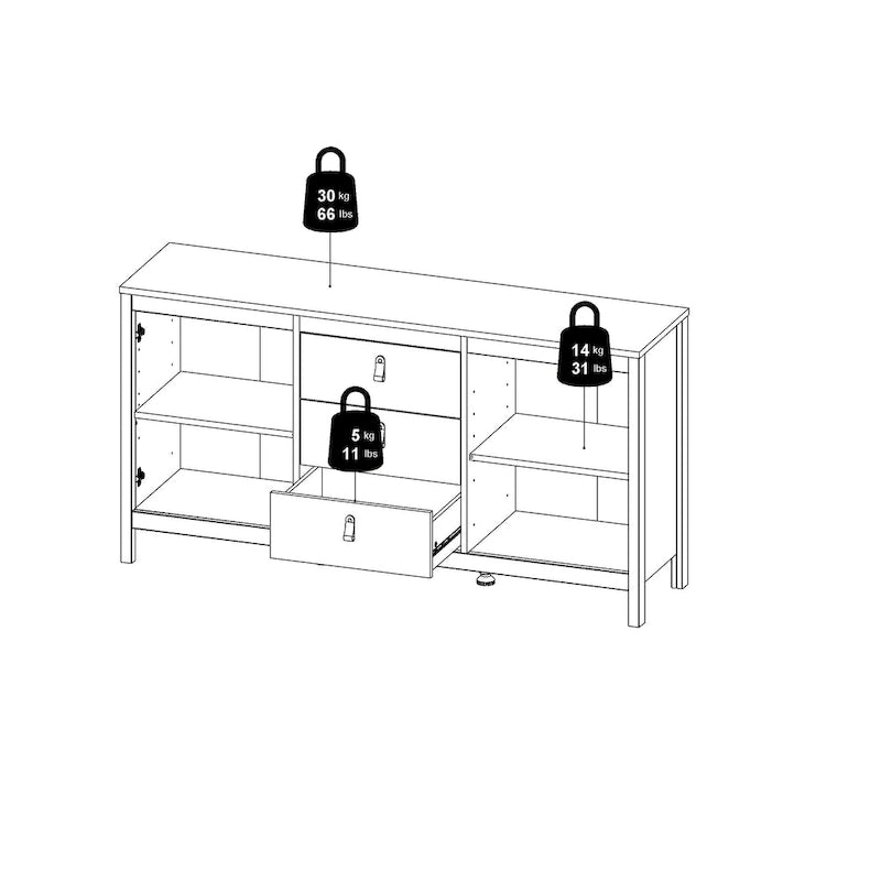 Nero opaco / Bianco / Hickory, Credenza a 2 ante e 3 cassetti, Montaggio per 2 persone