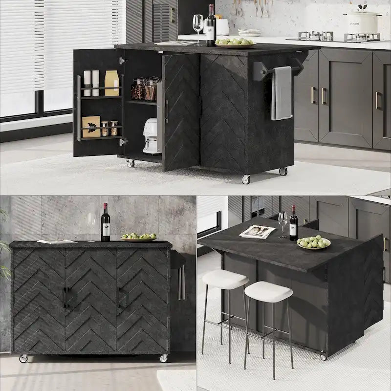 Isola da cucina in impiallacciatura di frassino intrecciata a mano con piano a ribalta – Nero / Legno naturale / Blu navy / Champagne