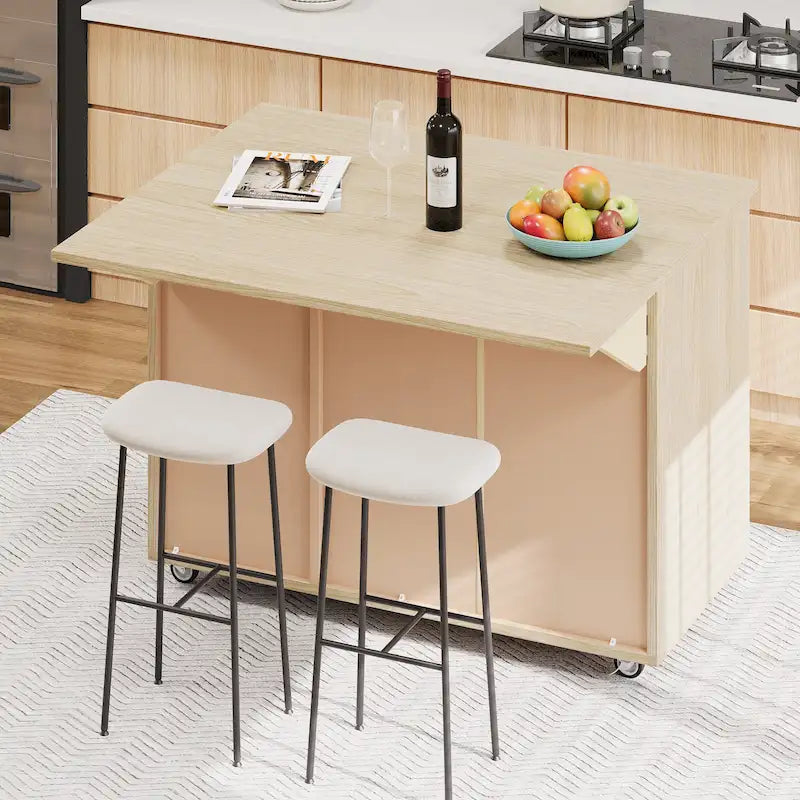 Isola da cucina in impiallacciatura di frassino intrecciata a mano con piano a ribalta – Nero / Legno naturale / Blu navy / Champagne