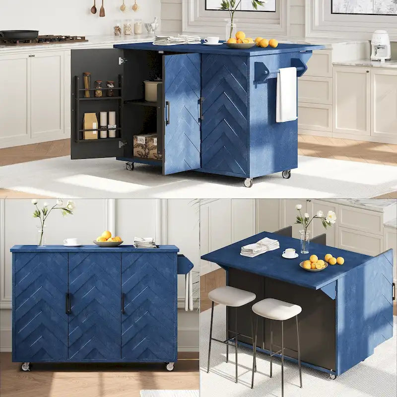 Isola da cucina in impiallacciatura di frassino intrecciata a mano con piano a ribalta – Nero / Legno naturale / Blu navy / Champagne