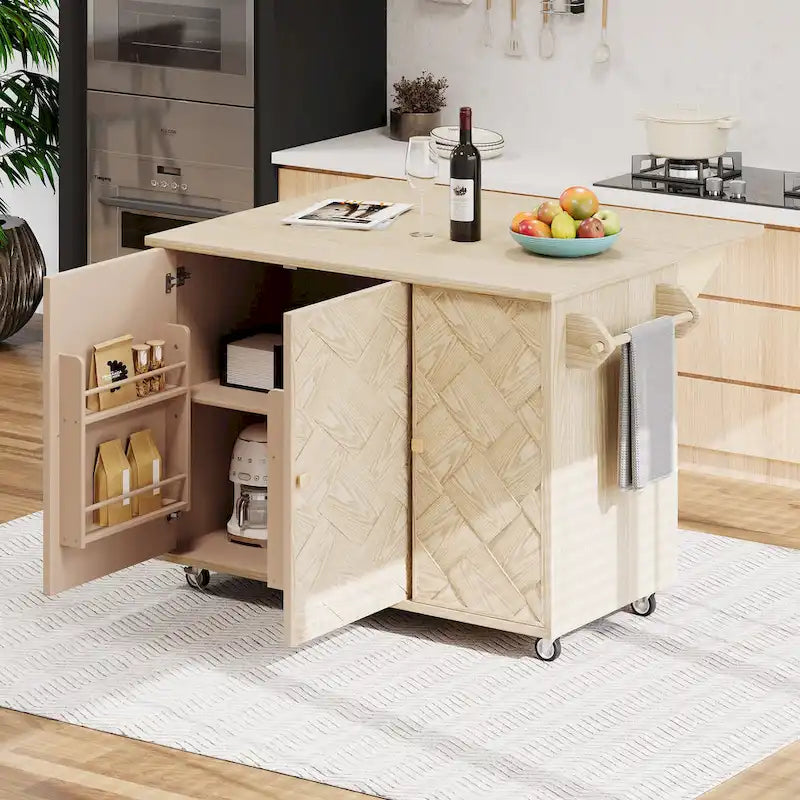 Isola da cucina in impiallacciatura di frassino intrecciata a mano con piano a ribalta – Nero / Legno naturale / Blu navy / Champagne