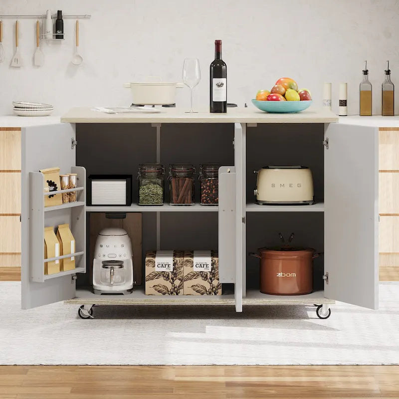 Isola da cucina in impiallacciatura di frassino intrecciata a mano con piano a ribalta – Nero / Legno naturale / Blu navy / Champagne