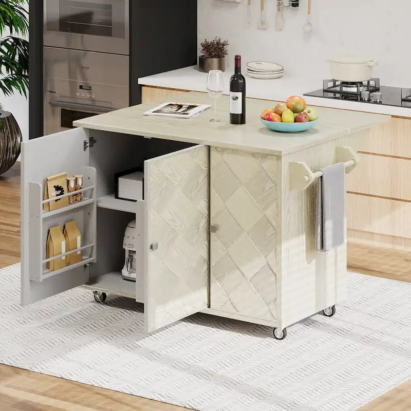 Isola da cucina in impiallacciatura di frassino intrecciata a mano con piano a ribalta – Nero / Legno naturale / Blu navy / Champagne