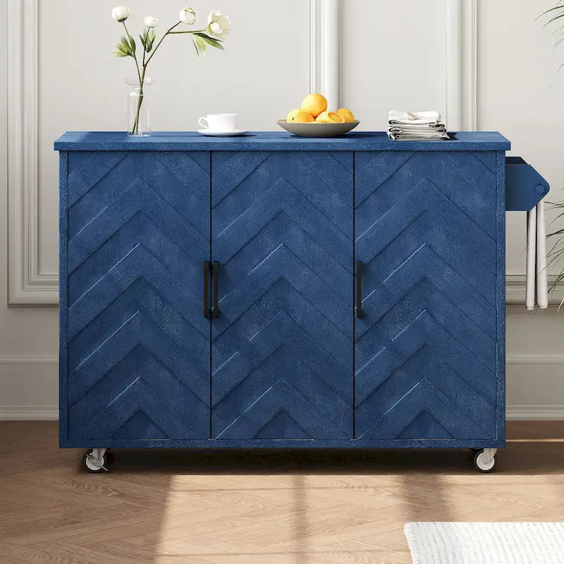 Isola da cucina in impiallacciatura di frassino intrecciata a mano con piano a ribalta – Nero / Legno naturale / Blu navy / Champagne