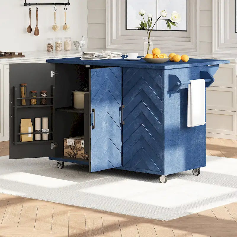 Isola da cucina in impiallacciatura di frassino intrecciata a mano con piano a ribalta – Nero / Legno naturale / Blu navy / Champagne