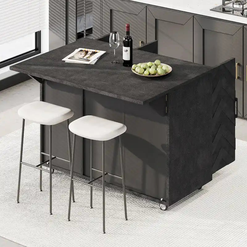 Isola da cucina in impiallacciatura di frassino intrecciata a mano con piano a ribalta – Nero / Legno naturale / Blu navy / Champagne