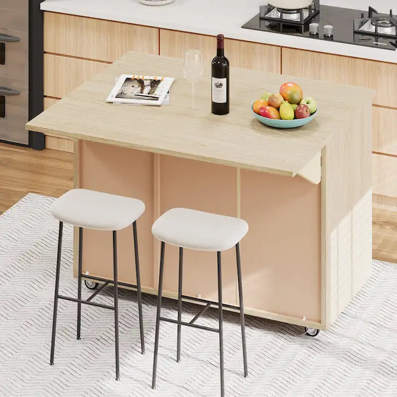 Isola da cucina in impiallacciatura di frassino intrecciata a mano con piano a ribalta – Nero / Legno naturale / Blu navy / Champagne