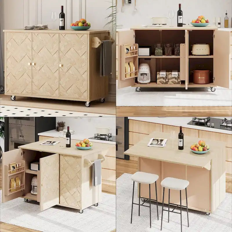 Isola da cucina in impiallacciatura di frassino intrecciata a mano con piano a ribalta – Nero / Legno naturale / Blu navy / Champagne
