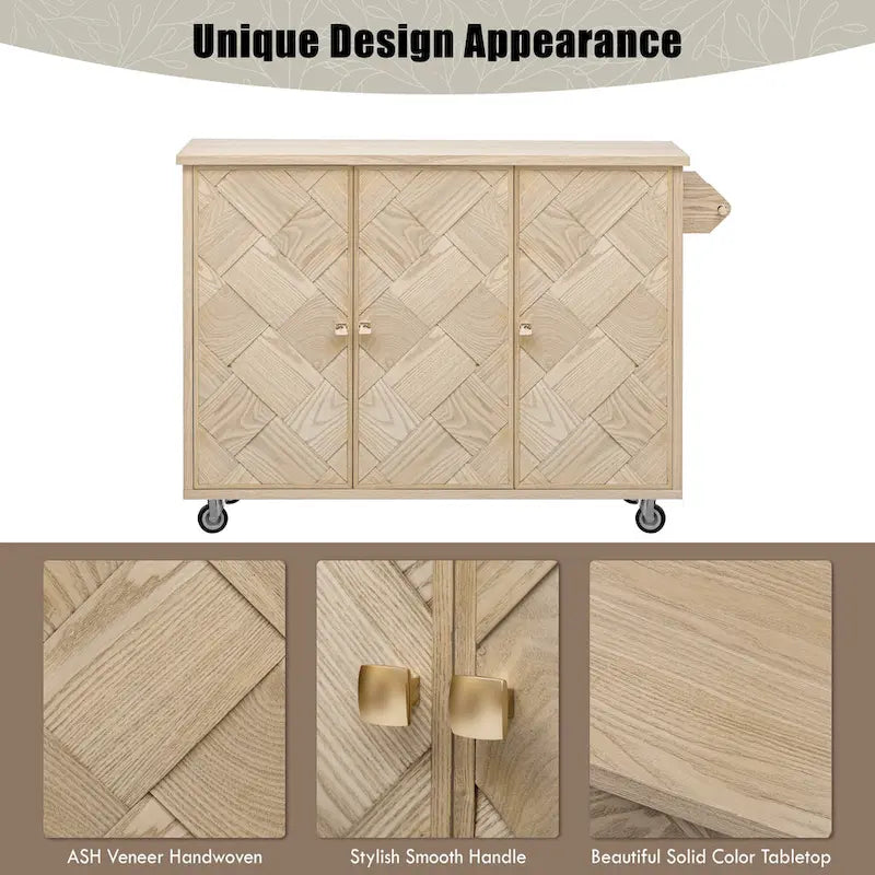 Isola da cucina in impiallacciatura di frassino intrecciata a mano con piano a ribalta – Nero / Legno naturale / Blu navy / Champagne