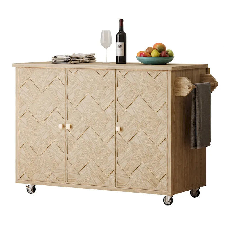 Isola da cucina in impiallacciatura di frassino intrecciata a mano con piano a ribalta – Nero / Legno naturale / Blu navy / Champagne