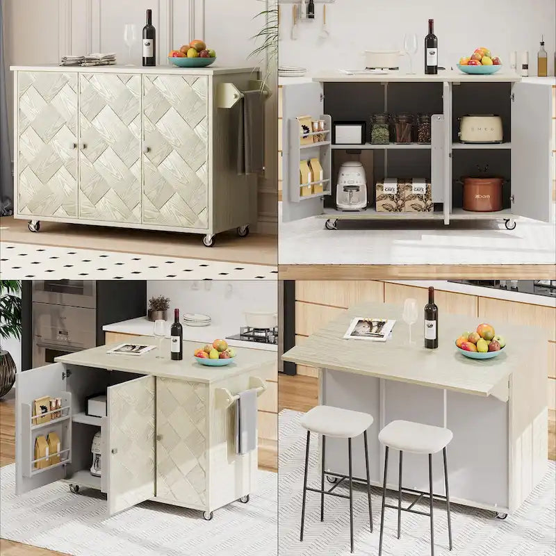 Isola da cucina in impiallacciatura di frassino intrecciata a mano con piano a ribalta – Nero / Legno naturale / Blu navy / Champagne