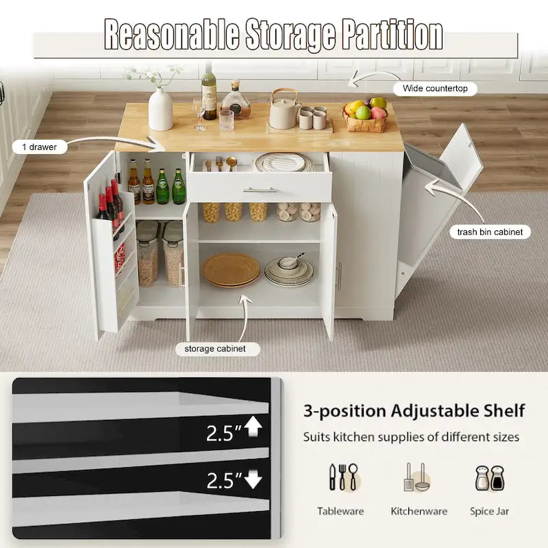 Isola da Cucina Bianca con Armadio per Pattumiera, 135 cm, 1 Persona
